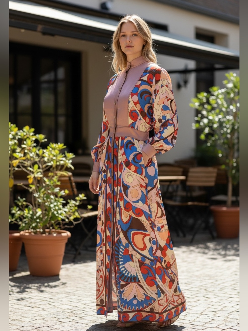 yaly couture 60’s Vibe Long Sleeve Satin Like Maxi Dress Boho Funky